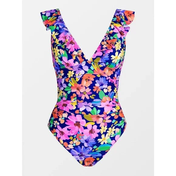 Women's  Black/Light Pink Ruffled One Piece Swimsuit V Neck Lace Up - Picture 5 of 6